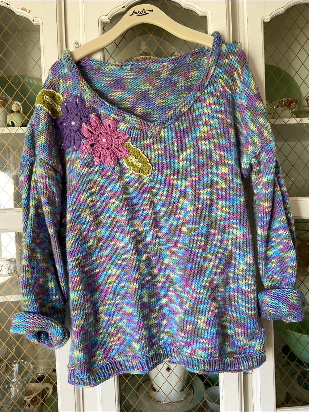 Handmade 80s Floral Appliqué Oversized Drop Shoulder Space-dye Knit Romantic